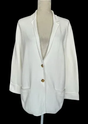 Lands’ End Knit Sweater Blazer White Women’s Size M 10-12 Casual Neutral Cotton thumbnail 1