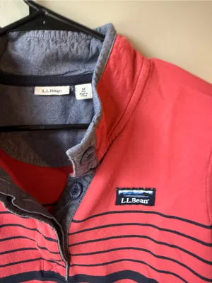 L.L.Bean Coral Pink Navy Striped Quarter Button Pullover Size Medium thumbnail 2