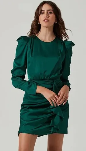 ASTR The Label Green Ruched Satin Long Sleeve Mini Dress Size XL NWT thumbnail 1