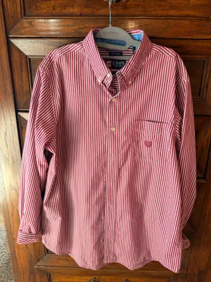 CHAPS Men’s Large Red White Stripe Button Down Shirt Oversized Preppy thumbnail 3