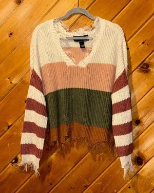 Polly & Esther frayed hem chunky knit striped sweater thumbnail 1