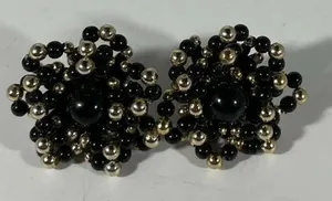 Black Gold Tone Lucite Bead Cluster Chunky Pierced Earrings‎ Vintage thumbnail 1