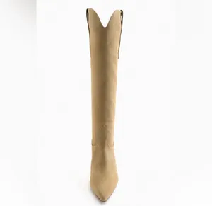 ZARA boots leather suede tan camel high tops knee heels heeled cowboy thumbnail 6