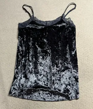 benetton undercolors crushed velvet velour lace trim cami tank top in grey blue thumbnail 1