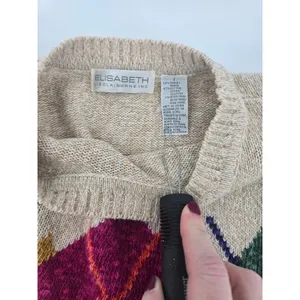 Elisabeth Sweater Womens 1 Argyle Tan Cotton Ramie Knit EUC thumbnail 4