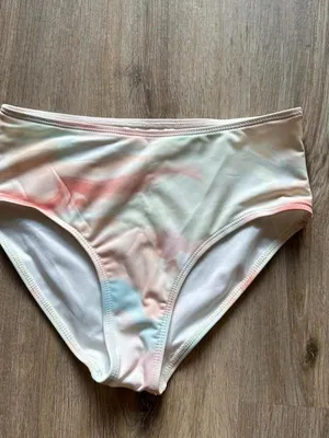 Pastel tie-dye bikini set (top, bottom, coverup) with pink, peach, and light blu thumbnail 4