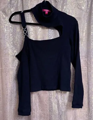 Guess Black Ribbed Asymmetrical Sweater Mock Neck Top Large thumbnail 1