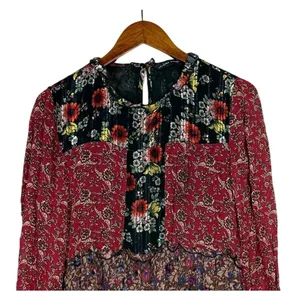 Zara Floral Patchwork Tiered Pompom Semi Sheer Peasant Mini Dress M Black Red thumbnail 3