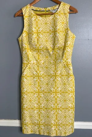 Boden Mustard Yellow Patterned Sleeveless Midi Sheath Classic Dress Size 6 thumbnail 1