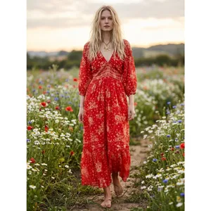 Free People Golden Hour Maxi Dress Cherry Red Small Bohemian Gypsy Floral 70s thumbnail 13