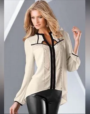 BKE Womens Zip Blouse Ivory Studded Chiffon Full Exposed Zipper long sleeve L thumbnail 1