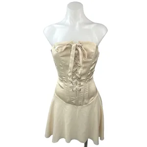 Tic Toc Cream Gold Strapless Lace Up Party Night Club Corset Mini A-line Dress M thumbnail 2
