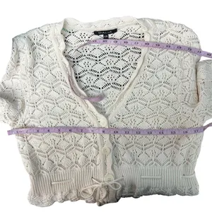DALIA Pointelle Knit Tie Front Cotton Cardigan Sz Large Cottage Beachy Coastal thumbnail 13
