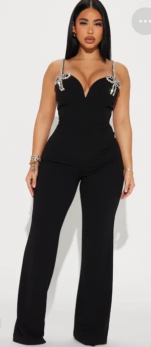 Absolutely stunning black jumpsuit with rhinestone embellishments size XL thumbnail 1