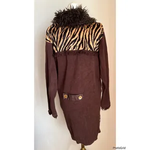 Storybook Knits Mixed Animal Print Brown Cardigan Medium Faux Fur thumbnail 2