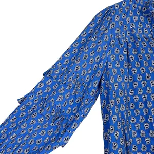 LOFT Paisley Print Split Neck Blouse Blue Boho Tiered Ruffle Sleeve Size XSP thumbnail 6