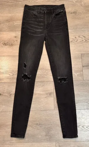 American Eagle AEO Jeans Black Distressed Skinny‎ High Rise Long Size 2 thumbnail 1