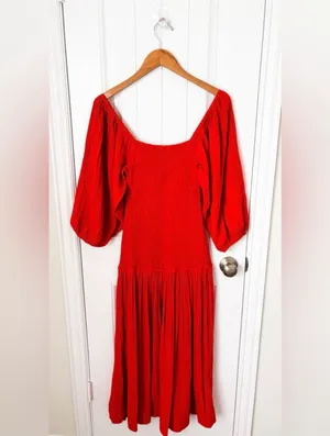 RHODE Harper Smocked Cotton Gauze Midi Dress Size Medium thumbnail 4