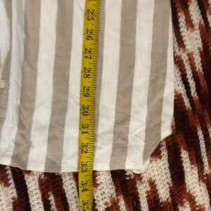 Neiman Marcus Cream Tan White Striped Button Up Down Shirt Mini Summer Dress Front Pockets-Size 8 #Minimalist #Designer #Luxury #Chic Measurement in pics thumbnail 7