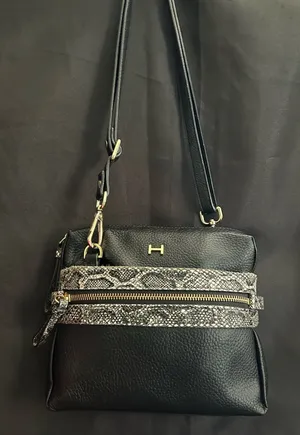 Halston Leather Black Crossbody Bag with Snake-Print Trim thumbnail 1