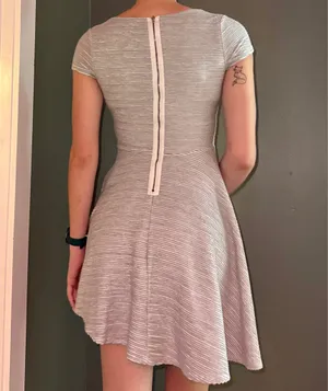 Francesca's Collections Light Gray Striped V-Neck Fit & Flare Dress thumbnail 3