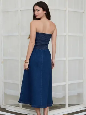 The Workshop Strapless Smocked Denim Midi Dress Dark Denim – Size Medium thumbnail 3