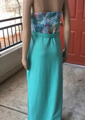 Strapless Aqua Maxi Dress with Floral Bodice thumbnail 3