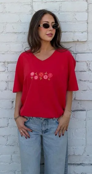 Vtg fresh produce 90s Red floral graphic tee Sz XL #retro #grandmacore #hippie -small stain on the front thumbnail 1