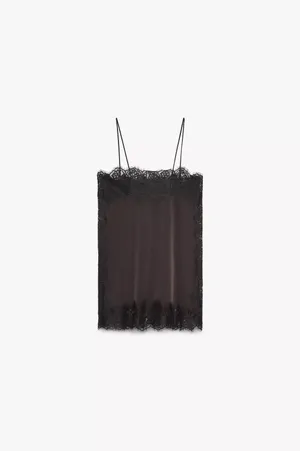 Zara satin Lace-Trim Slip Dress Top in Deep Brown thumbnail 7