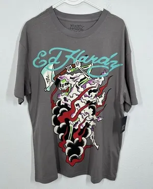 Ed Hardy Skeleton Flames Graphic T Shirt Men's Medium Grey Rock Streetwear‎ NWT thumbnail 1