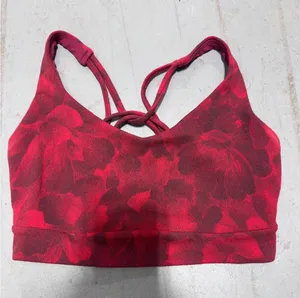 Athleta Floral Strappy Back Sports Bra Red Burgundy Yoga Gym Top thumbnail 1