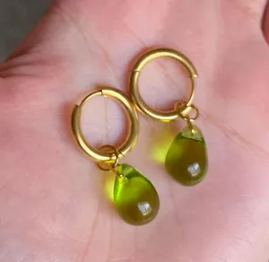 Handmade olive color teardrop Czech glass simple minimalist hoop earrings💚🫒💕 thumbnail 5