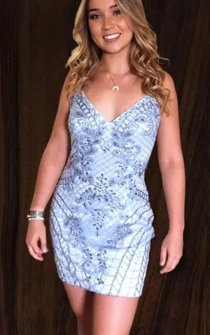 Sherri Hill Light Blue Beaded Homecoming Dress thumbnail 1