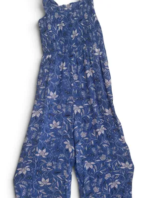 LOFT Blue Floral Smocked Wide-Leg Jumpsuit thumbnail 2