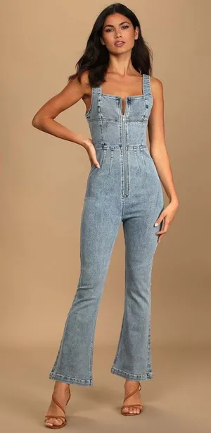 NWT Lulus Keep Groovin' Light Wash Denim Zip-Front Jumpsuit Blue Party Size L thumbnail 1