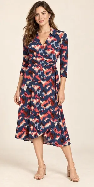Kaileigh Navy Blue Coral Abstract Ikat Print Midi Wrap Dress 3/4 Sleeve Small thumbnail 1
