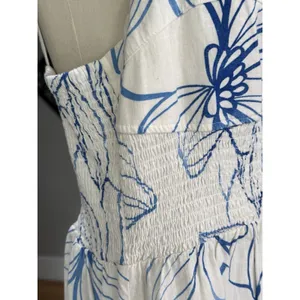 Gap Linen-Blend Smocked Corset Midi Dress Blue & White Floral Size Medium thumbnail 10