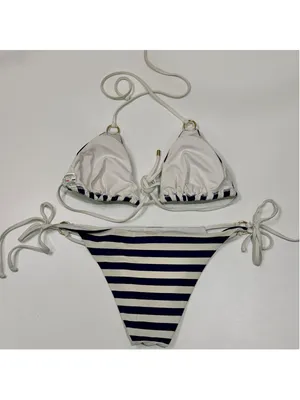 Relleciga Navy White Striped Triangle Bikini Set Size L Gold Hardware b13 thumbnail 2