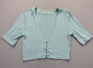 Reformation Sage Green‎ Ribbed V-Neck Button Front Cropped Cardigan Top Medium thumbnail 1
