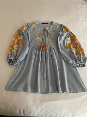ZARA Woman Boho Embroidered Gingham Blouse - light Blue & White thumbnail 3