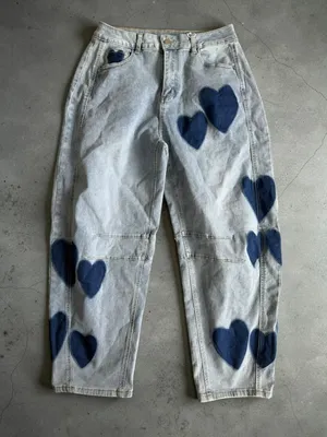 CHARTOU Heart Print Denim Barrel Leg Jeans Size Medium (8/10) NEW NWT thumbnail 1