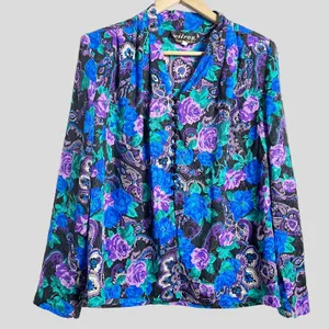Vintage Wilroy Rare Purple Blue Floral Paisley Satin Long Sleeve Blouse Size 10 thumbnail 1