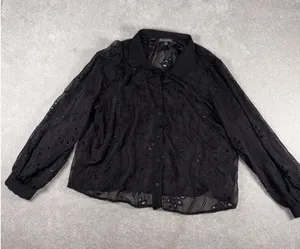 adrianna papell black sheer blouse button up black floral eyelet detail xl‎ thumbnail 1