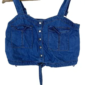 We The Free Denim Solid Camisole Blue Boho Snap Front Crop Top Size XS thumbnail 3