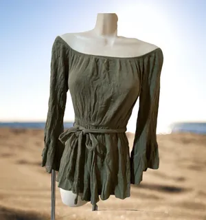 WINSOR Boho Romper shorts Bat Wing-Sleeve Military Green color- woman size XS thumbnail 5