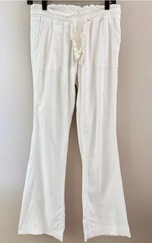 Roxy White Linen Blend Beach Pants Medium Drawstring Smocked Waist Casual thumbnail 1