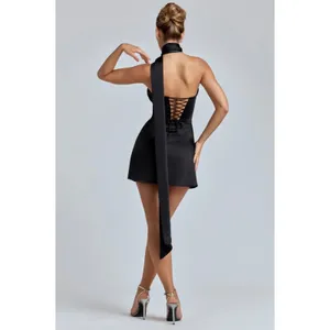 Oh Polly Anastasia Draped Halterneck Satin Mini Dress in Black size 4 New thumbnail 4