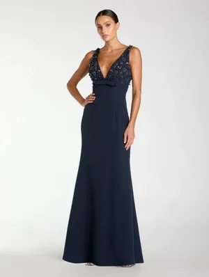 NWOT Mac Duggal 2278 Navy Sleeveless Embellished Crepe Gown With Bow Size 4 thumbnail 3