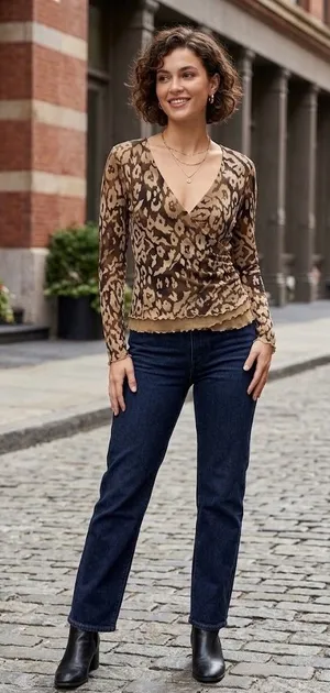 W by Worth Brown & Beige Animal Print V-Neck Mesh Long Sleeve Wrap Blouse Size thumbnail 1