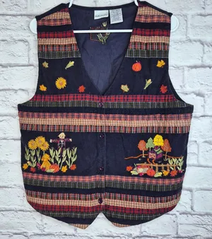 Vintage Bobbie Brooks Fall Corduroy Vest Embroidered Scarecrow Barn Patchwork L thumbnail 1